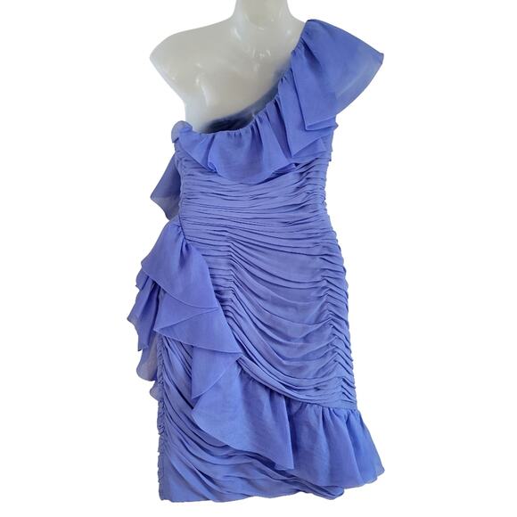 Marchesa Notte Ruffle Pleated One Shoulder Dress Blue Silk Organza Gown Size 4 - Picture 2 of 10